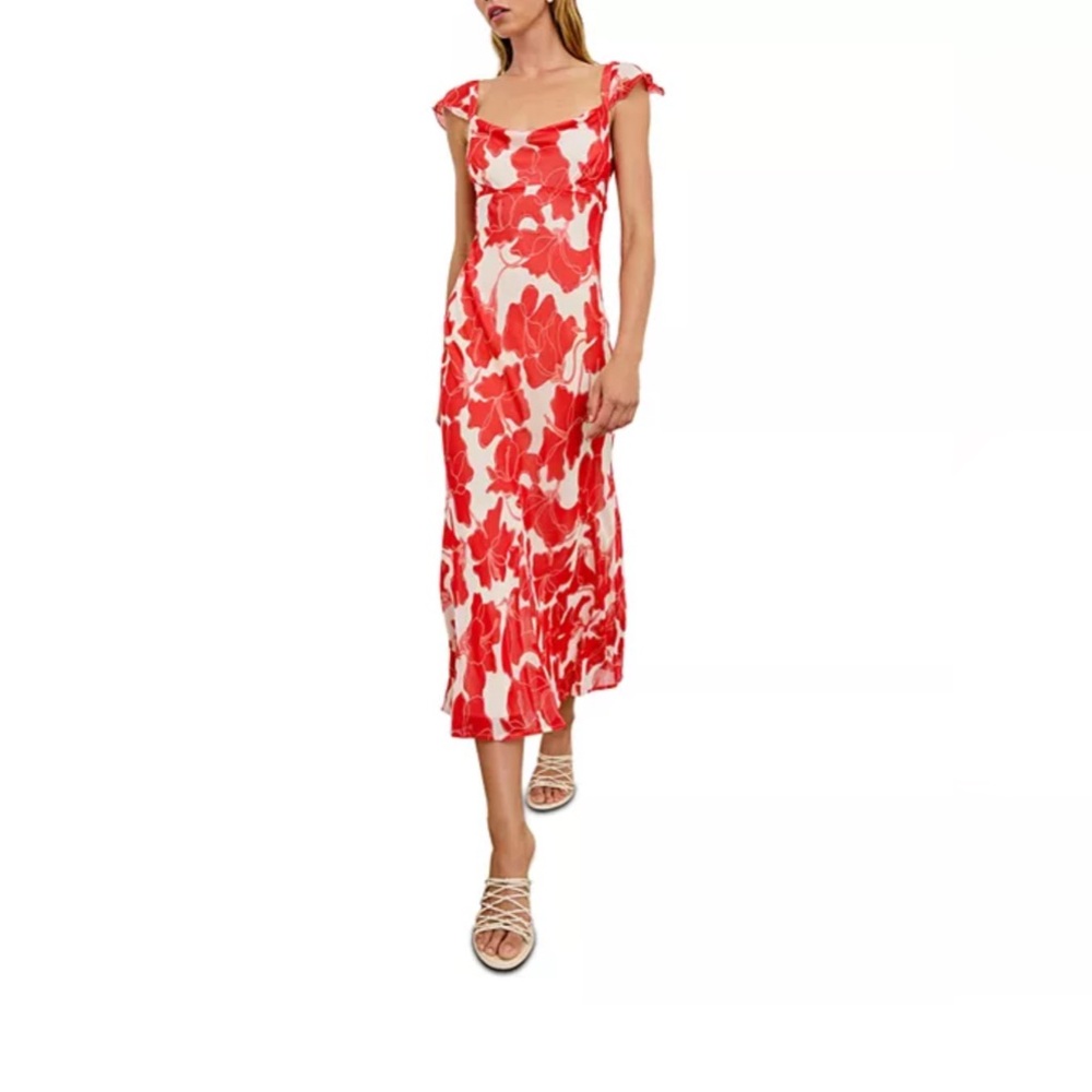 Rails Marigold Floral Chiffon Cowlneck Flutter-Sleeve Midi-Dress